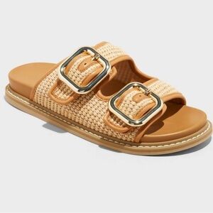 RAFFIA DOUBLE BUCKLE FLAT SANDALS SIZE 8 WIDE NWT